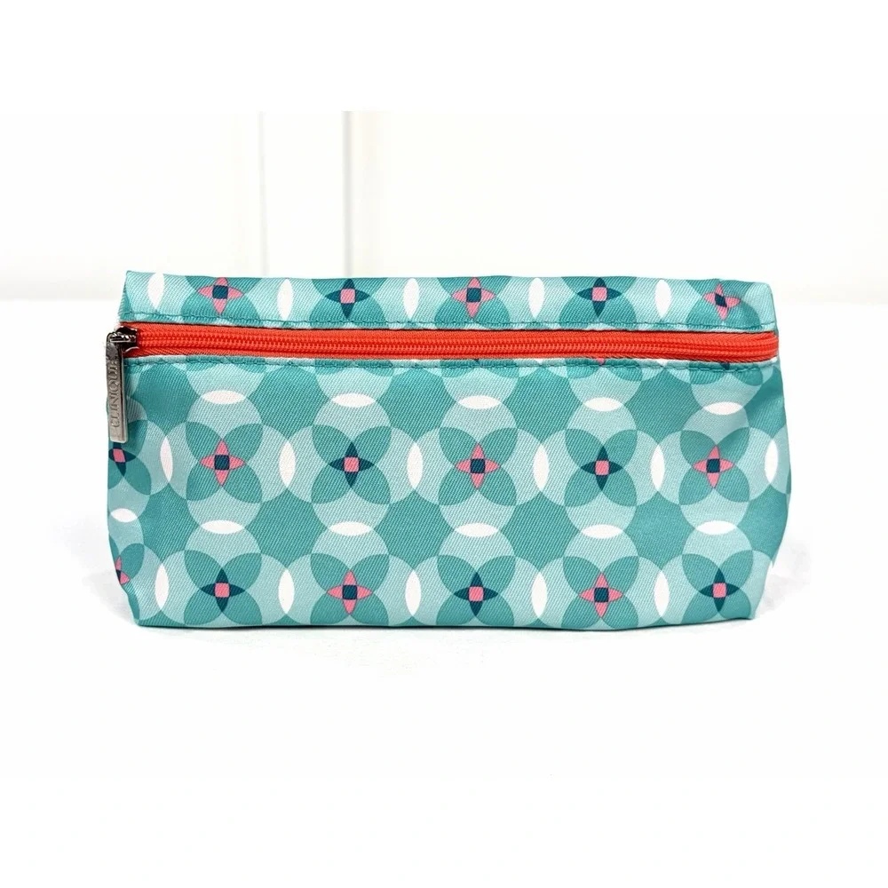 Clinique Cosmetic Pouch Makeup Bag Teal Geometric Circle Print Orange Zip New